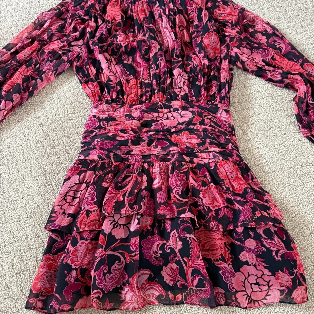 Revolve X HEMANT & NANDITA Crimson Rouched Mini Floral Dress B30 - Picture 15 of 15